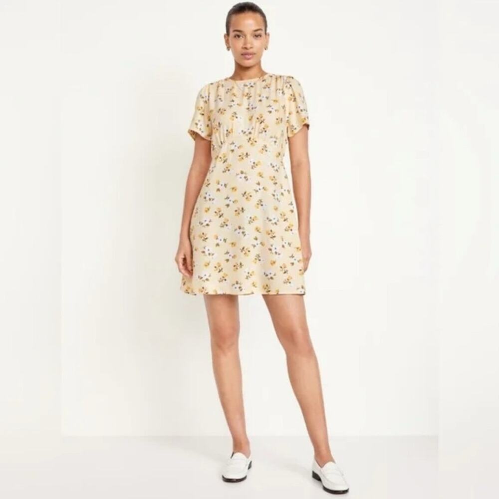 Old Navy Short Sleeve Printed Crepe Mini Dress Yellow Floral NWT NEW XS TALL
